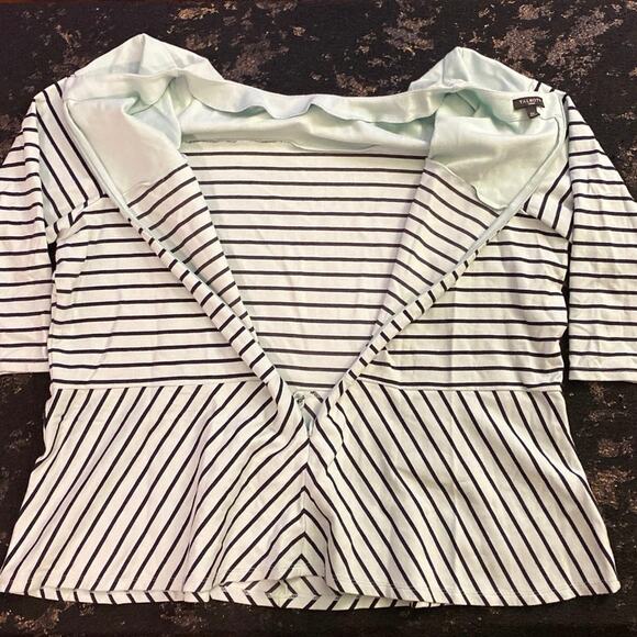 Talbots Woman 2X XXL Light Blue Black Striped blouse 3/4 sleeve Zip Back Peplan - Picture 8 of 10